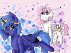 Size: 1600x1200 | Tagged: safe, artist:ognevitsa, character:princess celestia, character:princess luna, accessory theft, cewestia, female, filly, filly celestia, filly luna, pink-mane celestia, woona, younger