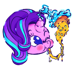 Size: 850x802 | Tagged: dead source, safe, artist:burrburro, character:starlight glimmer, species:pony, species:unicorn, bust, disembodied head, female, food, full mouth, head, magic, mare, no pupils, one eye closed, pineapple pizza, pizza, portrait, simple background, solo, telekinesis, that pony sure does love pineapple pizza, white background