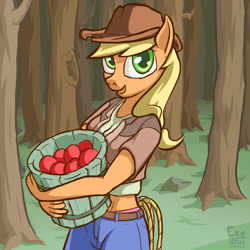 Size: 1536x1536 | Tagged: safe, artist:exedrus, derpibooru original, character:applejack, species:anthro, apple, bucket, clothing, cowboy hat, female, food, forest, hat, looking at you, midriff, outdoors, panties, pink underwear, rope, smiling, solo, stetson, tree, underwear