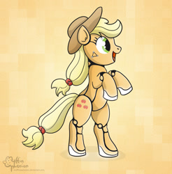 Size: 1356x1380 | Tagged: safe, artist:muffinexplosion, character:applejack, species:earth pony, species:pony, applebot, bipedal, clothing, cutie mark, female, hat, hooves, mare, open mouth, robot, robot pony, solo