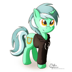 Size: 2000x2000 | Tagged: safe, artist:muffinexplosion, character:lyra heartstrings, fanfic:background pony, clothing, dig the swell hoodie, female, hoodie, simple background, smiling, solo, white background