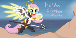 Size: 4150x2100 | Tagged: safe, artist:zogzor, character:fluttershy, armor, crossover, female, german, mercy, mercyshy, overwatch, solo, translated in the comments