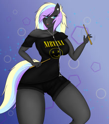 Size: 1024x1161 | Tagged: safe, artist:askquickbullet, oc, oc only, oc:ice trio, species:anthro, clothing, drumsticks, earbuds, mp3 player, nirvana, off shoulder, shorts, solo, t-shirt, twirl