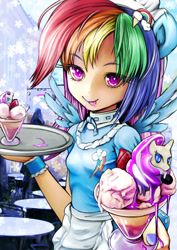 Size: 1593x2253 | Tagged: safe, artist:skyshek, character:rainbow dash, character:rarity, species:human, 2013, cuffs (clothes), eared humanization, female, food, humanized, ice cream, solo, strawberry, tray, waitress, winged humanization