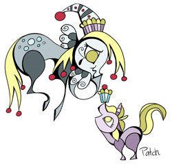 Size: 1426x1365 | Tagged: safe, artist:pashapup, character:derpy hooves, character:dinky hooves, species:pegasus, species:pony, species:unicorn, abstract, duo, female, filly, mare, muffin, no pupils, profile, simple background, smiling, white background