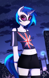 Size: 1200x1920 | Tagged: safe, artist:laptop-pone, character:dj pon-3, character:vinyl scratch, species:anthro, belly button, clothing, denim, female, looking at you, midriff, pony ears, shorts, socks, solo, stockings, sunglasses, thigh highs, union jack, united kingdom, zettai ryouiki