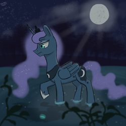 Size: 1700x1700 | Tagged: safe, artist:hypno, character:princess luna, female, moon, night, solo, water