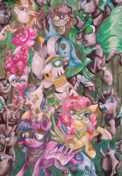 Size: 2189x3165 | Tagged: safe, artist:lunar-white-wolf, character:bon bon, character:fluttershy, character:pinkie pie, character:queen chrysalis, character:sweetie drops, character:twilight sparkle, character:twilight sparkle (alicorn), character:zecora, species:alicorn, species:changeling, species:pony, species:zebra, episode:the cutie re-mark, alternate timeline, chrysalis resistance timeline, fight, gritted teeth, magic, mouth hold, rearing, resistance leader zecora, spear, traditional art, tribal pie, tribalshy, watercolor painting, weapon