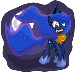 Size: 1280x1229 | Tagged: safe, artist:secoh2000, character:princess luna, species:alicorn, species:pony, female, food, full moon, halloween, holiday, hoof shoes, jack-o-lantern, moon, mouth hold, nightmare night, pumpkin, pumpkin bucket, simple background, solo, transparent background, trick or treat