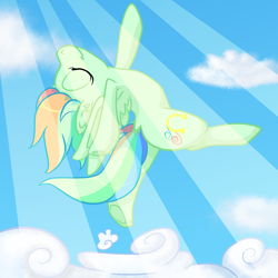 Size: 2000x2000 | Tagged: safe, artist:paintsplatter, oc, oc only, oc:prism dancer, parent:misty fly, parent:rainbow dash, active stretch, backbend, crepuscular rays, flexible, flying, magical lesbian spawn, offspring, solo