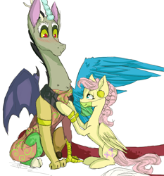 Size: 1024x1101 | Tagged: safe, artist:loladotz, character:discord, character:fluttershy, ship:discoshy, arabian, clothing, costume, female, male, shipping, straight, veil