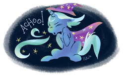 Size: 670x414 | Tagged: safe, artist:pashapup, character:trixie, species:pony, species:unicorn, eyes closed, female, mare, sitting, sneezing, solo