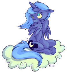 Size: 1050x1131 | Tagged: safe, artist:pashapup, character:princess luna, species:alicorn, species:pony, cloud, cutie mark, female, floppy ears, hooves, horn, mare, no pupils, on a cloud, s1 luna, simple background, sitting, sitting on a cloud, solo, white background, wings