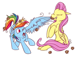 Size: 1600x1200 | Tagged: safe, artist:pashapup, character:fluttershy, character:rainbow dash, species:pegasus, species:pony, burrs, duo, eyes closed, female, floppy ears, mare, mouth hold, one wing out, simple background, stingbush seed pods, transparent background