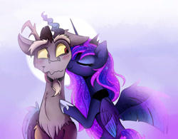Size: 2524x1970 | Tagged: safe, artist:elementalokami, character:discord, character:princess luna, ship:lunacord, blushing, colored wings, colored wingtips, cute, discute, eyes closed, female, floppy ears, kiss on the cheek, kissing, male, nuzzling, shipping, smiling, spread wings, straight, tongue out, wavy mouth, wings