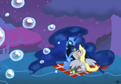 Size: 1522x1057 | Tagged: safe, artist:kudalyn, character:derpy hooves, character:nightmare moon, character:princess luna, species:pegasus, species:pony, bubble, duo, female, mare, night, picnic