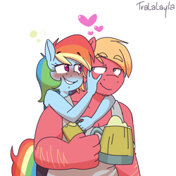 Size: 900x900 | Tagged: safe, artist:tralalayla, character:big mcintosh, character:rainbow dash, species:anthro, ship:rainbowmac, apple cider (drink), bedroom eyes, clothing, drunk, drunker dash, eye contact, female, looking at each other, male, shipping, smiling, straight, stupid sexy big macintosh, tank top, tankard