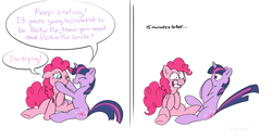 Size: 2303x1176 | Tagged: safe, artist:conicer, character:pinkie pie, character:twilight sparkle, body swap, comic, dialogue, eyes closed, fanfic, grin, simple background, smiling, speech bubble