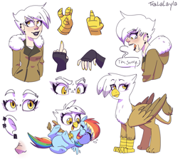 Size: 1375x1225 | Tagged: safe, artist:tralalayla, character:gilda, character:rainbow dash, species:griffon, species:human, ship:gildash, chickub, clothing, crying, cute, dashabetes, ear piercing, female, filly, fingerless gloves, gildadorable, gloves, humanized, lesbian, lipstick, middle finger, nail polish, piercing, shipping, sorry, tickling, younger
