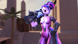 Size: 1920x1080 | Tagged: safe, artist:gbrushandpaint, character:twilight sparkle, species:anthro, episode:castle sweet castle, g4, my little pony: friendship is magic, 3d, absolute cleavage, alternate hairstyle, breasts, cleavage, crossover, female, overwatch, parody, punklight sparkle, source filmmaker, twilightmaker, widowmaker