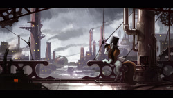 Size: 1920x1080 | Tagged: safe, artist:cmaggot, oc, oc only, city, clothing, factory, hat, rain, solo, steampunk, top hat