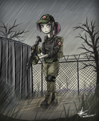 Size: 1280x1562 | Tagged: safe, artist:slawomiro, character:nurse redheart, species:human, ar15, belt, boots, cap, clothing, electric fence, escape from tarkov, female, gloves, gun, hat, humanized, knee pads, m4a1, rain, russia, shed, signature, solo, tarkov, walking, weapon