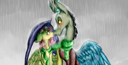 Size: 7200x3653 | Tagged: safe, artist:loladotz, character:discord, character:fluttershy, ship:discoshy, absurd resolution, blushing, clothing, female, male, rain, scarf, shipping, straight, wet