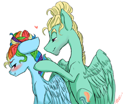 Size: 1024x866 | Tagged: safe, artist:loladotz, character:rainbow dash, character:zephyr breeze, alternate hairstyle, blushing, cute, female, hair bun, male, mane styling, nose wrinkle, scrunchy face, shipping, simple background, straight, tsunderainbow, tsundere, zephdash