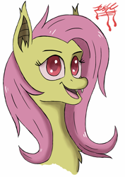 Size: 1277x1800 | Tagged: safe, artist:hypno, character:flutterbat, character:fluttershy, species:bat pony, species:pony, bust, colored pupils, female, portrait, race swap, simple background, solo, white background