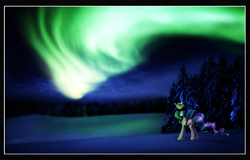 Size: 3373x2156 | Tagged: safe, artist:lova-gardelius, character:princess celestia, species:alicorn, species:pony, aurora borealis, candle, female, folded wings, forest, looking at something, looking up, mare, night, outdoors, saint lucy, snow, solo, tree, wings, wreath