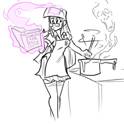 Size: 900x900 | Tagged: safe, artist:jonfreeman, character:twilight sparkle, species:human, apron, clothing, cookbook, cooking, female, giving up the ghost, glasses, humanized, levitation, magic, sketch, skull, solo, telekinesis, this will end in tears and/or breakfast