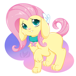 Size: 700x700 | Tagged: safe, artist:raininess, character:fluttershy, episode:pony puppy, g1, my little pony 'n friends, charm, chest fluff, collar, cute, cutie mark collar, dawwww, female, fluffy, flutterdog, hair bow, puppy, shyabetes, simple background, solo, species swap, transparent background