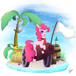 Size: 2000x2000 | Tagged: safe, artist:laptop-pone, character:pinkie pie, alcohol, anchor, barrel, box, cannon, coconut, coconut tree, coin, crown, ear piercing, explosives, female, flag, food, gem, gold, jewelry, open mouth, palm tree, pearl necklace, piercing, pirate, regalia, rum, solo, tnt, treasure chest, tree, whiskey