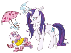 Size: 1329x998 | Tagged: safe, artist:pashapup, character:rarity, character:sweetie belle, species:pony, species:unicorn, boots, cute, diasweetes, duo, female, filly, generosity, mare, no pupils, raincoat, shoes, siblings, simple background, sisters, smiling, transparent background, umbrella, walking, wet, wet mane, wet mane rarity