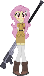 Size: 3714x6306 | Tagged: safe, artist:shadyhorseman, character:flutterbat, character:fluttershy, species:bat pony, episode:bats!, g4, my little pony: friendship is magic, my little pony:equestria girls, anti-tank rifle, arbmos, bfg, bitches love cannons, blushing, boots, cannon, clothing, crossover, cute, equestria girls-ified, fangs, female, gun, hellsing, looking at you, parody, police girl, race swap, rifle, seras victoria, simple background, skirt, smiling, socks, solo, thigh highs, weapon, zettai ryouiki