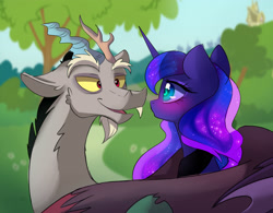 Size: 2880x2245 | Tagged: safe, artist:elementalokami, character:discord, character:princess luna, ship:lunacord, :o, bedroom eyes, blushing, eye contact, female, fluffy, hug, looking at each other, male, neck hug, open mouth, shipping, smiling, straight