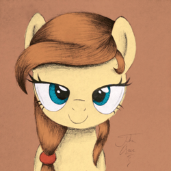 Size: 1024x1024 | Tagged: safe, artist:recoloring-crap-nsfw, artist:theasce, oc, oc only, oc:cream heart, species:earth pony, species:pony, bedroom eyes, female, looking at you, mare, portrait, simple background, sketch, smiling, solo, traditional art