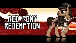 Size: 1920x1080 | Tagged: safe, artist:omg-chibi, artist:smokeybacon, artist:thelastgherkin, species:earth pony, species:pony, clothing, hat, holster, john marston, looking back, male, ponified, red dead redemption, solo, stallion, stubble, wallpaper