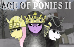 Size: 3227x2071 | Tagged: safe, artist:zeronitroman, character:fluttershy, character:rarity, character:twilight sparkle, character:twilight sparkle (alicorn), species:alicorn, species:pony, age of empires, age of empires ii, armor, chainmail, looking at you, parody, trio, video game cover, warlord, warrior