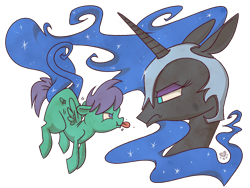Size: 1600x1200 | Tagged: safe, artist:pashapup, character:nightmare moon, character:princess luna, character:scootaloo, oc, species:alicorn, species:pegasus, species:pony, annoyed, duo, eye contact, female, filly, looking at each other, mare, no pupils, prehensile mane, raspberry, simple background, transparent background