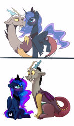 Size: 1679x2865 | Tagged: safe, artist:elementalokami, character:discord, character:princess luna, ship:lunacord, blushing, female, looking at each other, male, shipping, sitting, straight, underhoof