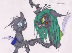 Size: 1024x755 | Tagged: safe, artist:shikogo, character:queen chrysalis, species:changeling, grin, growling, scared, smiling, traditional art