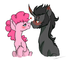 Size: 2572x2332 | Tagged: safe, artist:loladotz, character:king sombra, character:pinkie pie, species:earth pony, species:pony, species:unicorn, bedroom eyes, blushing, boop, colored horn, curved horn, ear blush, female, heart, horn, looking at each other, male, mare, noseboop, shipping, simple background, sombra horn, sombrapie, stallion, straight, white background