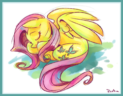 Size: 1478x1162 | Tagged: safe, artist:pashapup, character:fluttershy, species:pegasus, species:pony, abstract background, female, mare, sleeping, smiling, solo