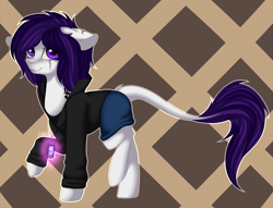 Size: 2093x1603 | Tagged: safe, artist:ognevitsa, oc, oc only, abstract background, clothing, hoodie, leonine tail, looking at you, purple eyes, purple mane, raised hoof, scar, signature, solo, white coat