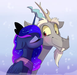 Size: 2174x2132 | Tagged: safe, artist:elementalokami, character:discord, character:princess luna, ship:lunacord, female, kissing, male, shipping, straight