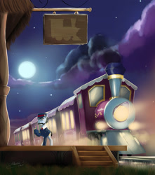 Size: 1237x1400 | Tagged: safe, artist:mechagen, character:all aboard, cloud, conductor, friendship express, full moon, male, moon, night, night sky, signature, sky, solo, starry night, stars, train, train station