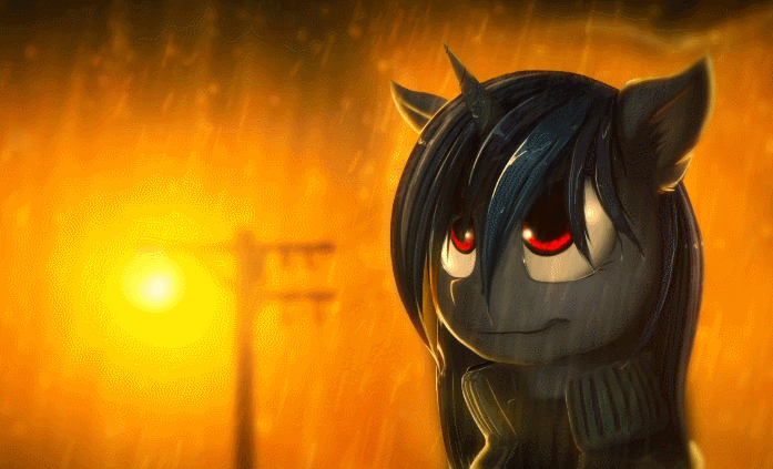 Size: 697x423 | Tagged: safe, artist:lunati, artist:rublegun, character:dj pon-3, character:vinyl scratch, animated, clothing, female, floppy ears, jacket, lamp, looking up, night, power line, rain, red eyes, smiling, snow, snowfall, solo, wet, wet mane, wrong eye color