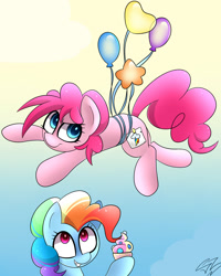 Size: 1602x2000 | Tagged: safe, artist:php69, character:pinkie pie, character:rainbow dash, balloon, cupcake, dynamic dash, fake cutie mark, food, hairstyle swap, mane swap, then watch her balloons lift her up to the sky