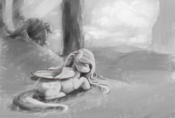 Size: 1787x1200 | Tagged: safe, artist:cuttledreams, character:fluttershy, newbie artist training grounds, atg 2016, eyes closed, female, folded wings, forest, grayscale, lying down, monochrome, prone, solo